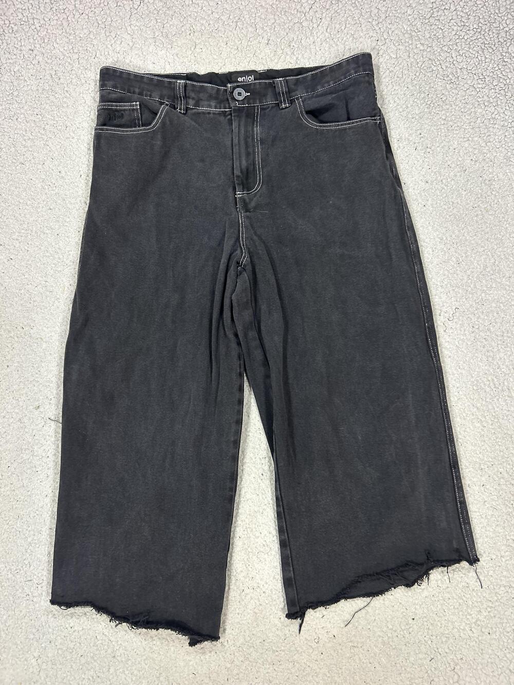 Enjoi Jeans Mens 36 Black Wide Leg Relaxed Denim Skater Raw Hem Cropped Y2K